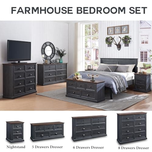 Rustic Dark Grey Farmhouse 8 Drawer Dresser, 39" Tall, Wood Organizer Storage