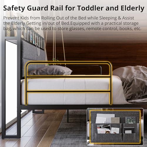 Multifunctional Queen Bed Frame with Guardrail, Bedside Caddy, and Charging Station