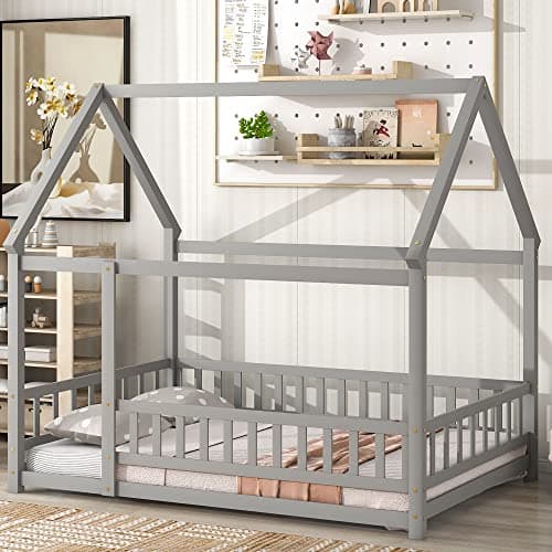 Solid Wood Platform Bed for Boys and Girls with Guardrails and Door Playhouse, Gray