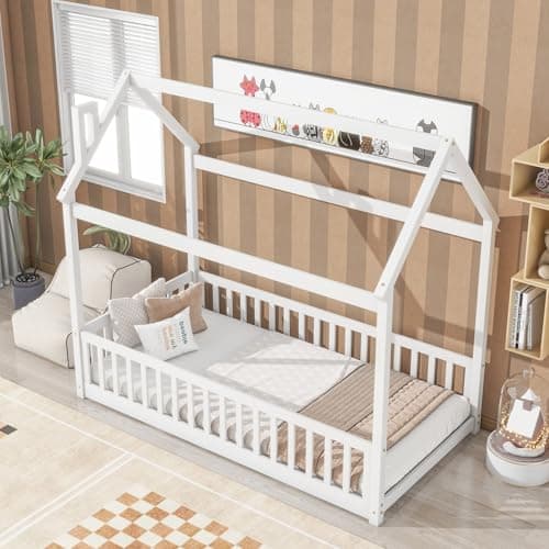 i-POOK Safety Guardrail Twin Bed with House Design, Solid Wood Slats Support, Natural Finish