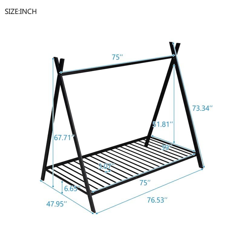 i-POOK Twin Size House Bed for Children, Metal Platform Bed Frame with Low Floor Bed Tent, Black