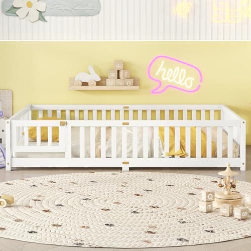 Montessori Floor Bed with Safety Guardrails and Door for Kids, White
