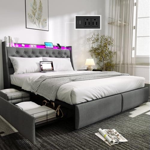 Queen Size Bed Frame with Storage Drawers & LED Lights, Upholstered Headboard, Charging Station, Steel Support, No Box S