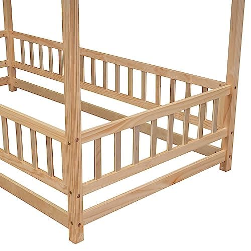 PVWIIK Full Size Montessori Floor Bed with Roof & Guardrails, Natural