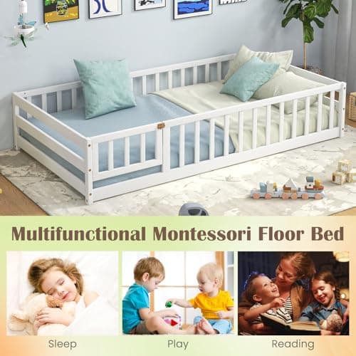 Giantex Safety Guardrail Montessori Bed for Kids, White