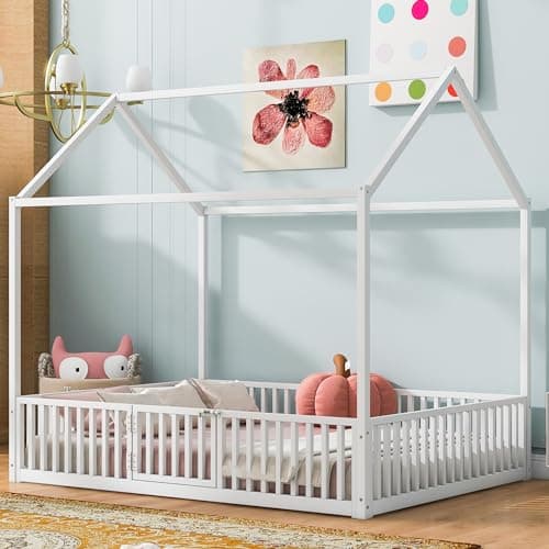 Merax Full Size Montessori Metal House Bed with Roof, White