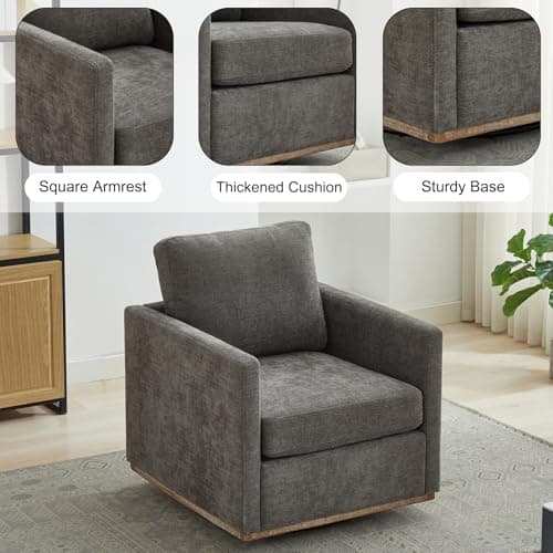 360 Degree Swivel Chenille Accent Chair Set, Mid Century Modern Charcoal Black Barrel Chairs for Living Room & Bedroom