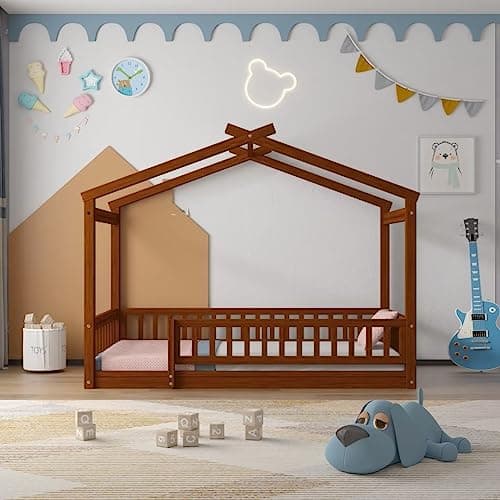 i-POOK Walnut Twin Size Montessori Wood Floor Bed with Fence and Roof