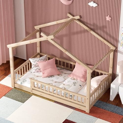 Twin Size Wooden Montessori Bed with Guardrails & Roof, No Box Spring Needed,Natural