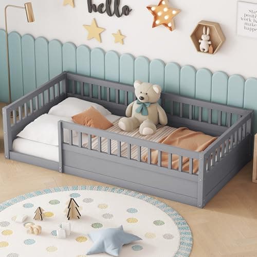 Montessori Twin Floor Bed with Fence & Open Door, High Guardrails &Wood Baffle Design,Natural