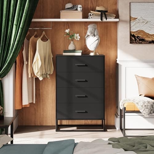 Wood Dresser with 4 Drawers for Bedroom and Living Room, Black