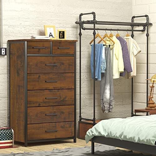 IKENO Industrial-Styled 7 Drawer Dresser with Metal Frame, Large Clothes Cabinet for Bedroom