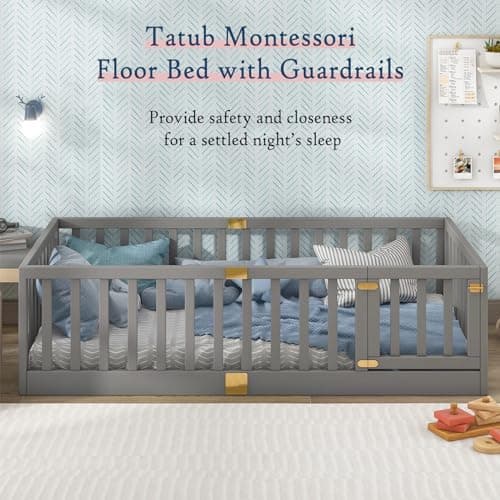 Twin Montessori Floor Bed with High Rails, Grey