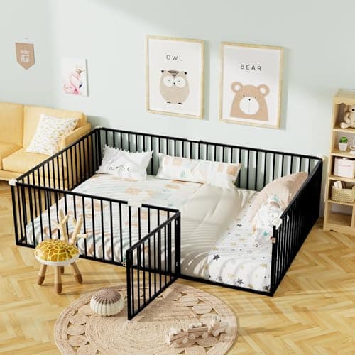 Montessori Safety Floor Bed Frame for Kids, Black No Box Spring Needed