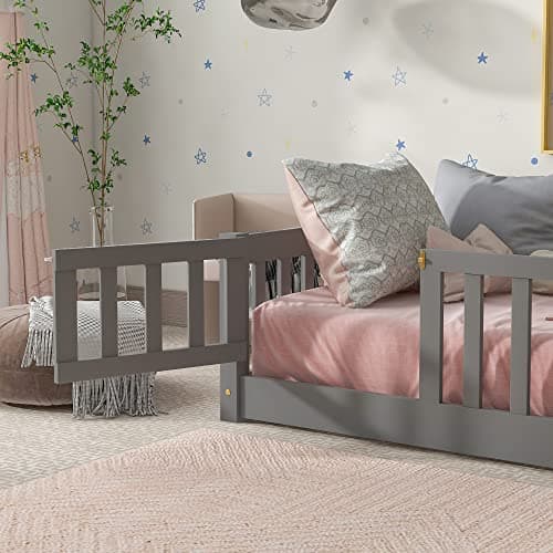 Twin Size Montessori Floor Bed for Kids, Wooden Platform with Rails and Door, Gray