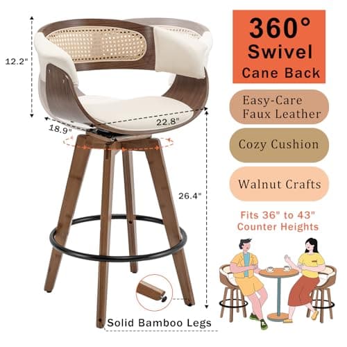 Mid Century Modern Walnut Beige Rattan Swivel Bar Stools with Cane Back