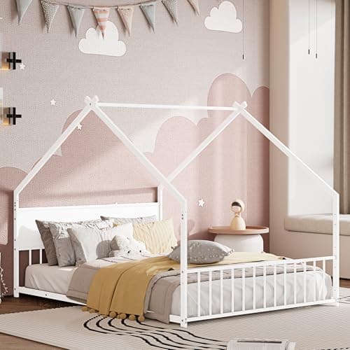 KEIKI Full Size Floor Bed with Colorful Lights (White)