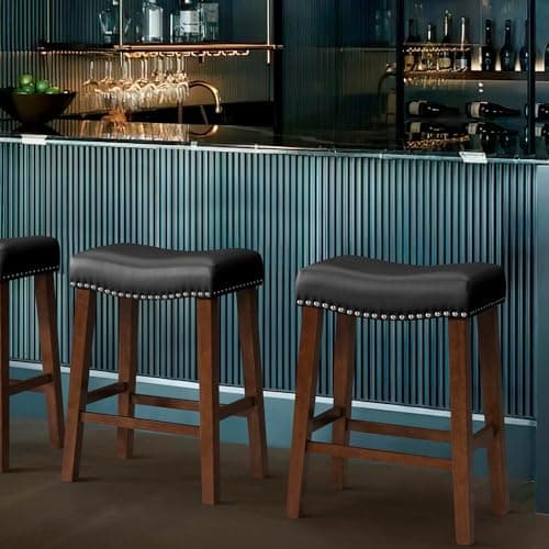 Set of 2 Black Backless Bar Stools for Kitchen Island in Counter Height, Faux Leather Upholstered Seat