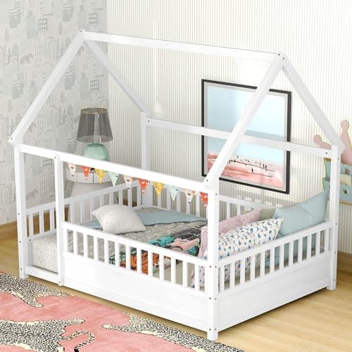 Full Size Wood Montessori Floor Bed with High Fence & Roof
