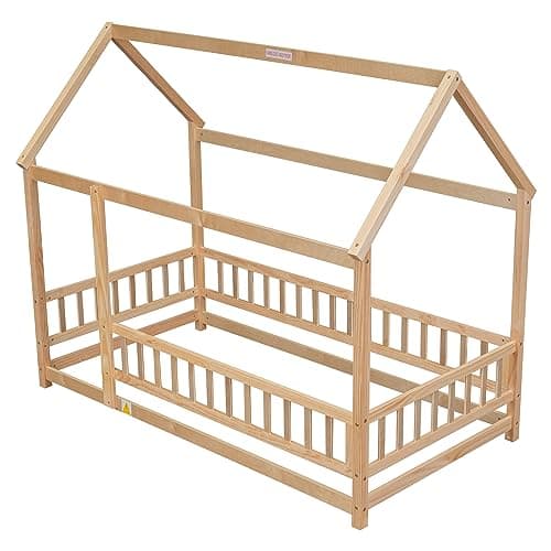 Montessori Twin Size Floor Bed Frame for Kids - Wooden House Design with Fence