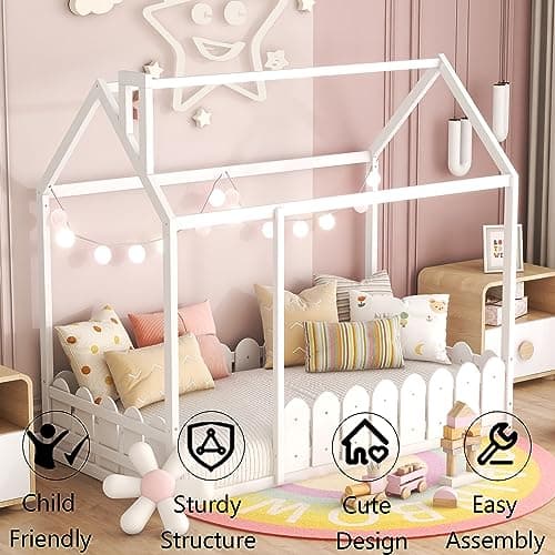 Harper & Bright Twin Montessori Floor Bed with Fence Rails (White)