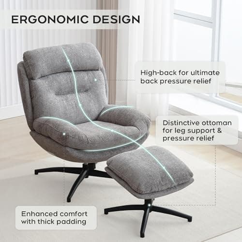 Swivel Accent Chair with Ottoman, Grey: Comfortable Reading Lounge