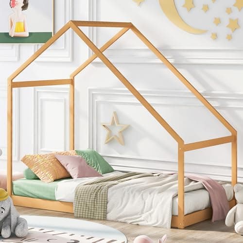 Montessori Twin Size Floor Bed with High Fence & Door (Gray)