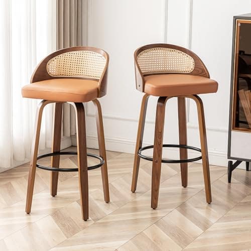 Mid-Century Modern Beige Rattan Swivel Bar Stool Set, 26" Walnut Finish