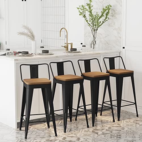 WENTMENT Black Wood Seat Counter Height Bar Stool Set of 4
