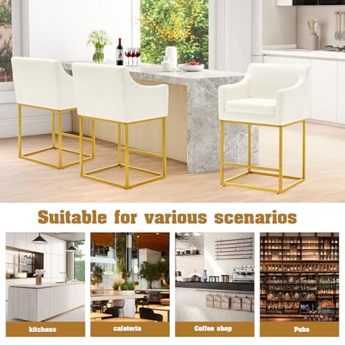 Modern 26" Counter Height Bar Stools, Linen Back, Gold Metal, Set of 3