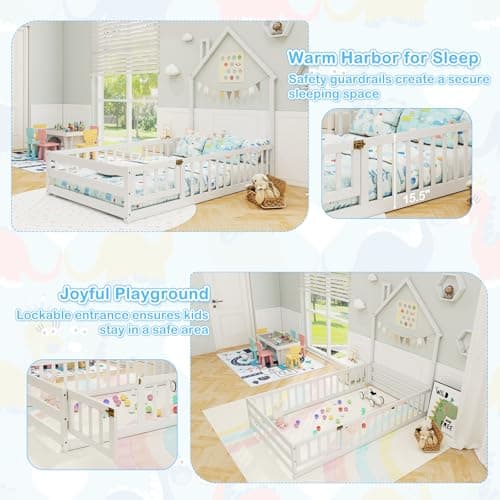 Giantex House-Shaped Montessori Twin Floor Bed with Headboard & Guardrail (White)