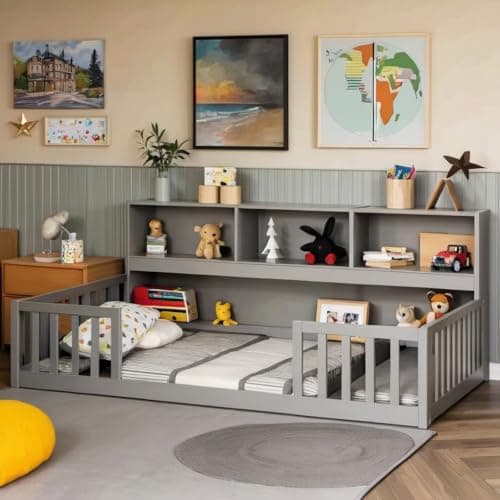 Grey Twin Montessori Floor Bed with Bookcase & Safety Guardrails