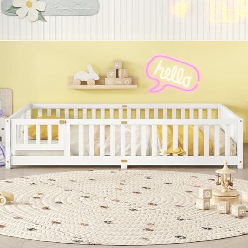 i-POOK Queen Size Wooden Floor Bed for Kids with Guardrails and Door, Gray