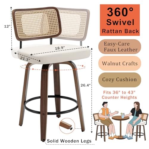 Mid Century Walnut Swivel Bar Stools with Cane Back (walnut beige)