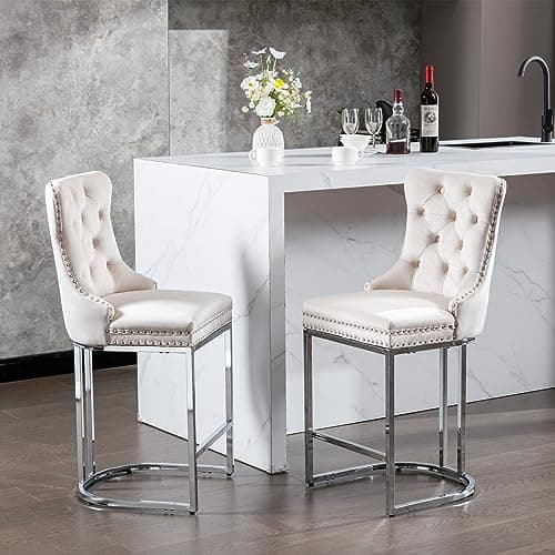 i-POOK Set of 2 Velvet Bar Stools with Metal Legs, High Back Design for Kitchen Island or Pub, Gray