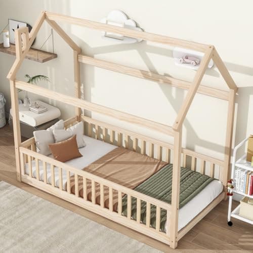 i-POOK Safety Guardrail Twin Bed with House Design, Solid Wood Slats Support, Natural Finish
