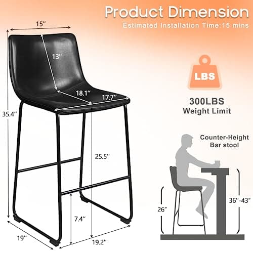 PUKAMI Black Counter Height Bar Stools Set of 2 (26")