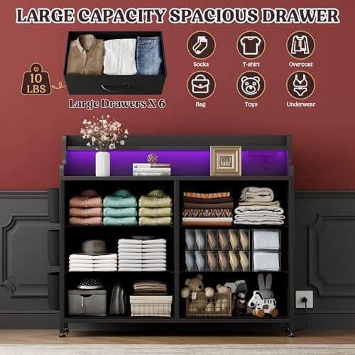 Lulive Black Dresser with 6 Drawers & LED Light for Bedroom
