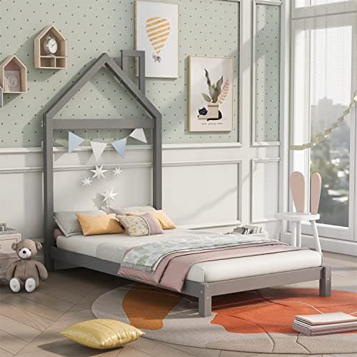 i-POOK Twin Size House Bed with White Roof and Chimney, No Box Spring Needed