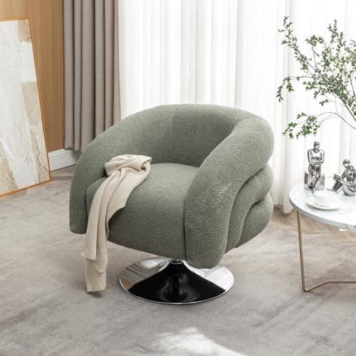 i-POOK Circle Swivel Chair, Boucle Single Sofa Chair with Swivel Base and Wood Frame, Pink