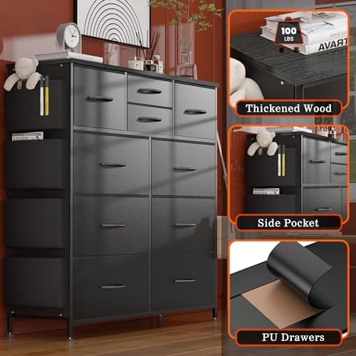 Lulive Black PU Storage Dresser with 10 Drawers & Side Pockets