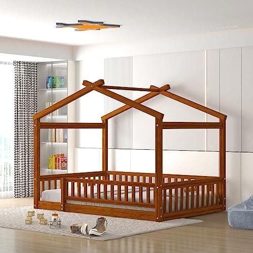 i-POOK Kids Full Size Montessori House Bed with Fence, Roof, Walnut Wood Frame