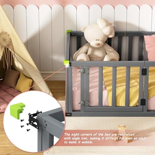 ROOMTEC Montessori Twin Beds with Safety Fence & Convertible Door, Grey