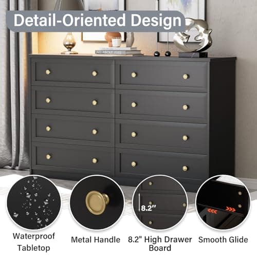 Black 8 Drawer Double Dresser - 55.1" Wide with Large Storage