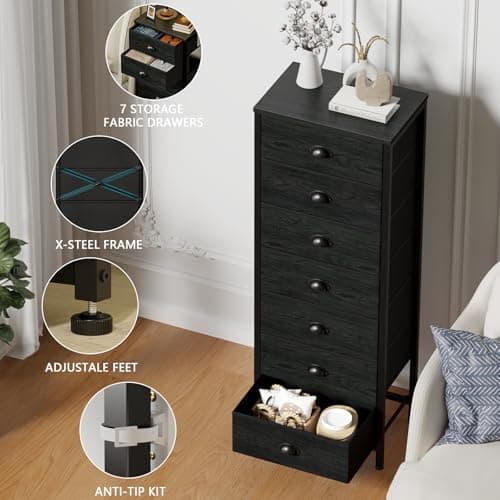 Furnulem 6 & 7 Drawer Dresser, Tall Black Storage Tower with Fabric Bins