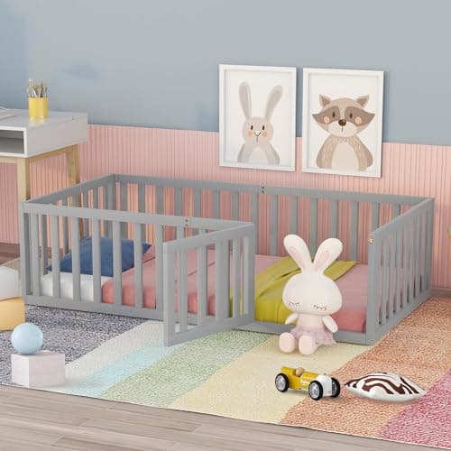 Montessori Floor Bed for Children – Gray Twin Size with Fence & Door Frame