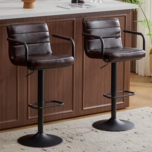 Yellowish Brown PU Leather Bar Stools Set of 2, Adjustable Height Swivel Chairs