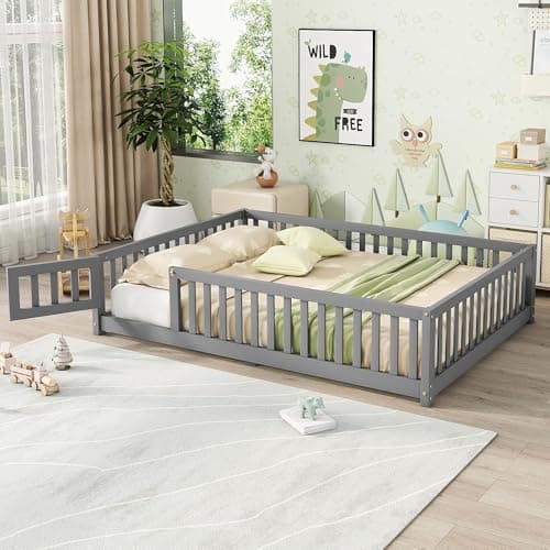 Gray Montessori Floor Bed with Slats and Center Support Bar