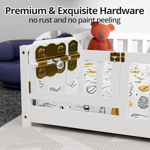 JINS&VICO Full Size Montessori Floor Bed with Door & Safety Guards, White