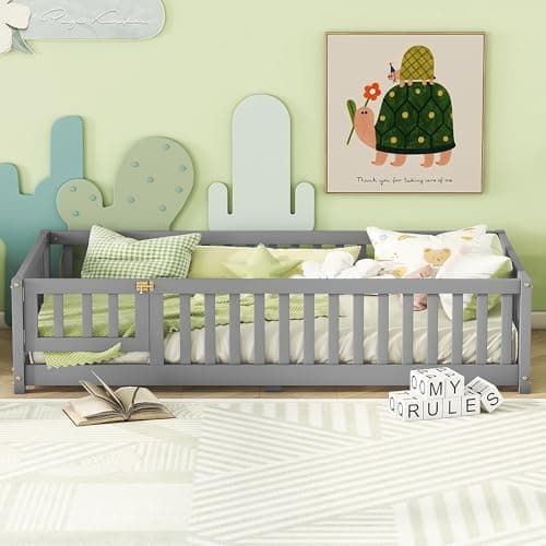 Wooden Montessori Twin Floor Bed with Slats and Support Bar